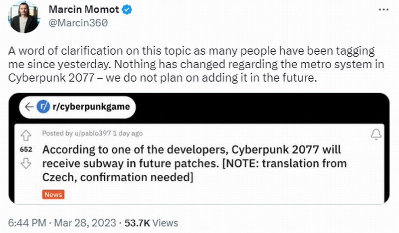 CDPR又辟谣：《赛博朋克2077》新DLC不会加入地铁系统